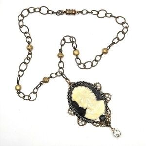 Resin Cameo‎ Pendant Necklace, Bronze Tone Chain, Gold Beaded, Rhinestone Accent